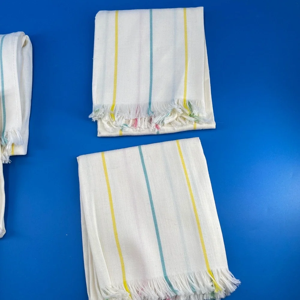 Vintage Pastel Ribbon Stripe Kitchen Towels Flat Weave 6 Matching Set Fringed
